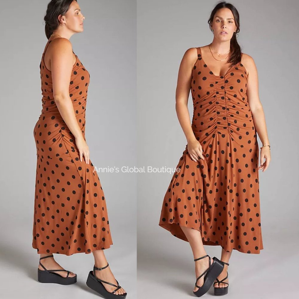 RARE NWT ANTHROPOLOGIE Maeve Ruched Polka Dot Midi Dress. Size L - Picture 9 of 16